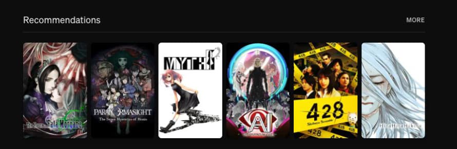 Kaguya's Recommendations section on the Raging Loop page, showing six similar visual novels