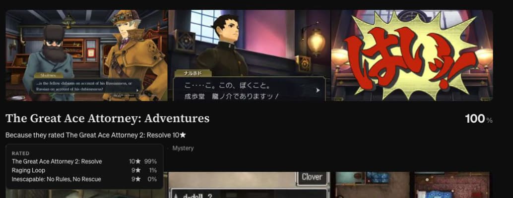 Kaguya recommendation for The Great Ace Attorney: Adventures with a tooltip listing the ratings and titles that contributed to its score