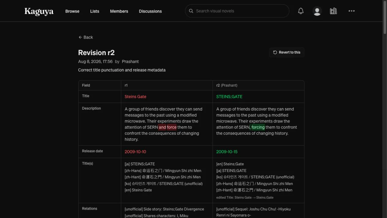 Kaguya's revision page showing readable title, release-date, description, and relationship changes