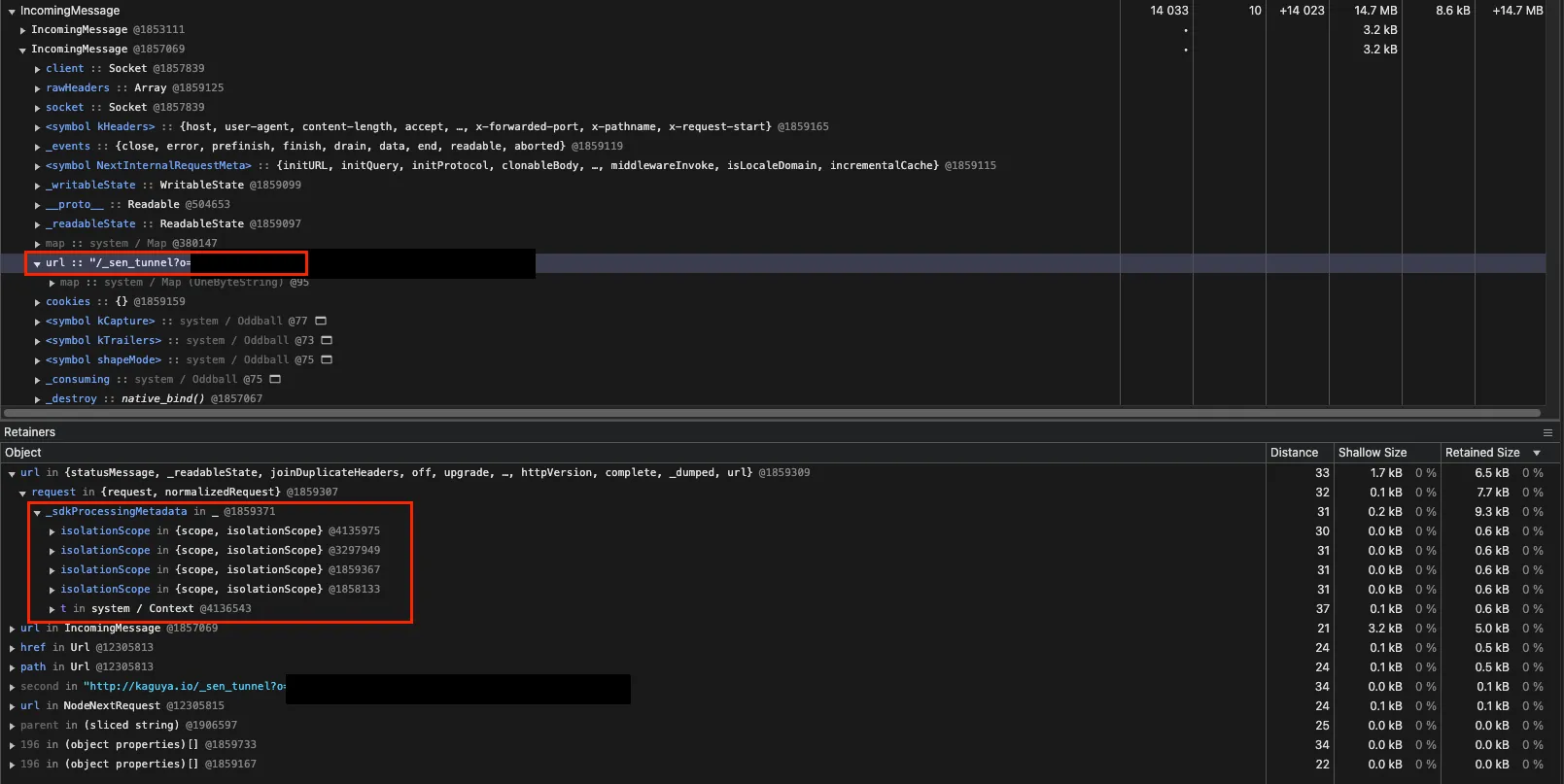 Chrome DevTools Retainers path showing a completed Sentry tunnel request held through _sdkProcessingMetadata and isolationScope