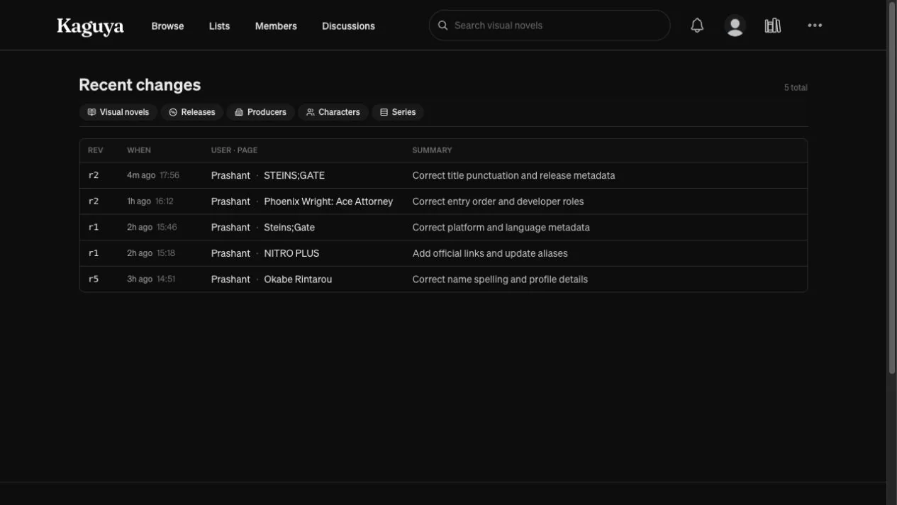 Kaguya's recent-changes page showing clean user-authored revisions across several catalog entity types
