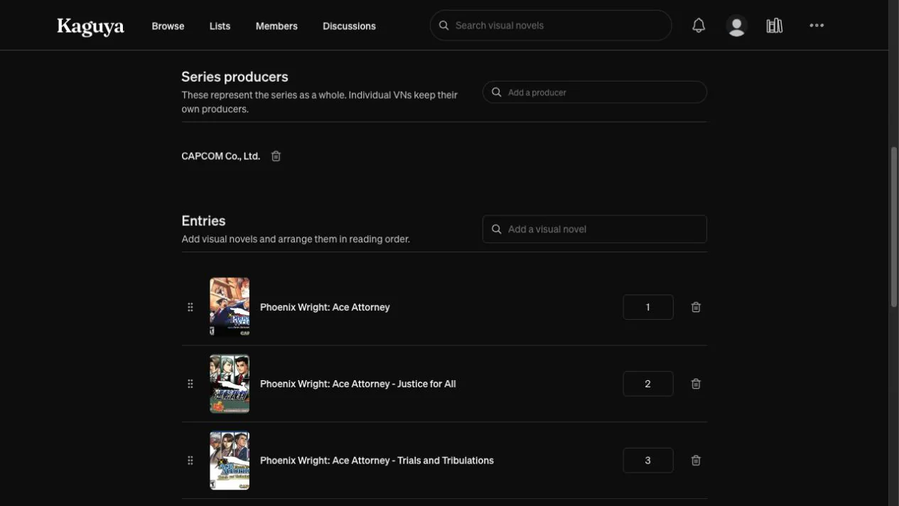 The Phoenix Wright series editor showing its producer and ordered visual-novel entries